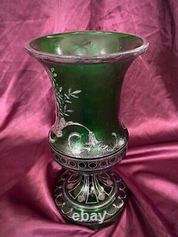 Antique Art Nouveau French Art Glass Green Vase Silver Overlay Floral