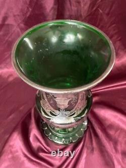 Antique Art Nouveau French Art Glass Green Vase Silver Overlay Floral