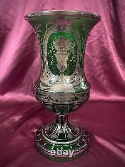 Antique Art Nouveau French Art Glass Green Vase Silver Overlay Floral