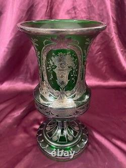 Antique Art Nouveau French Art Glass Green Vase Silver Overlay Floral