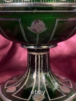 Antique Art Nouveau French Art Glass Green Vase Silver Overlay Floral