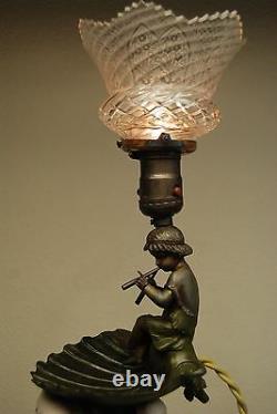 Antique Art Nouveau French Cherub Angel Figural Boudoir Lamp Cut Glass Shade Old