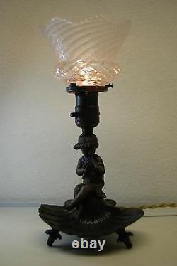 Antique Art Nouveau French Cherub Angel Figural Boudoir Lamp Cut Glass Shade Old