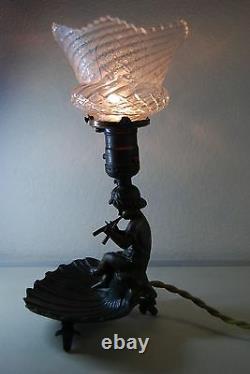 Antique Art Nouveau French Cherub Angel Figural Boudoir Lamp Cut Glass Shade Old