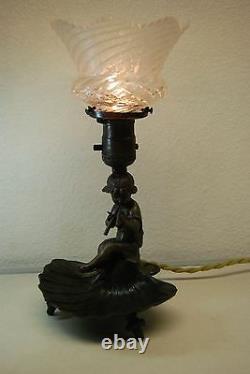 Antique Art Nouveau French Cherub Angel Figural Boudoir Lamp Cut Glass Shade Old