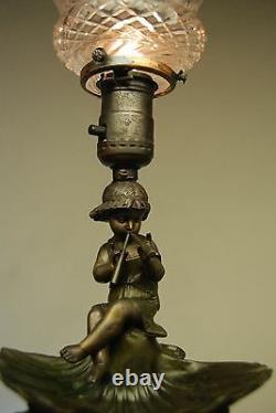 Antique Art Nouveau French Cherub Angel Figural Boudoir Lamp Cut Glass Shade Old