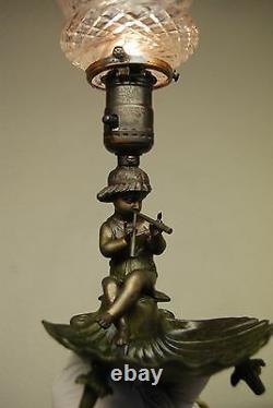 Antique Art Nouveau French Cherub Angel Figural Boudoir Lamp Cut Glass Shade Old