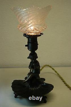 Antique Art Nouveau French Cherub Angel Figural Boudoir Lamp Cut Glass Shade Old