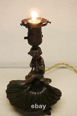 Antique Art Nouveau French Cherub Angel Figural Boudoir Lamp Cut Glass Shade Old