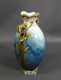 Antique Art Nouveau French Majolica Pottery Amphora Vase Blue Green Pink Flowers