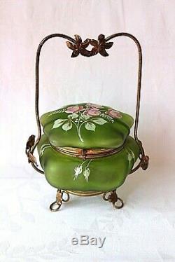 Antique Art Nouveau French enamel glass jewelry box ormolu mounts c 1890