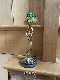 Antique Art Nouveau Gilded Lady Lamp With Red/green/gold Floral Glass Shade