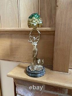 Antique Art Nouveau Gilded Lady Lamp With Red/green/gold Floral Glass Shade