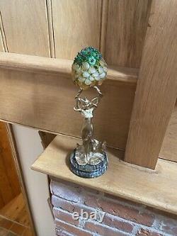 Antique Art Nouveau Gilded Lady Lamp With Red/green/gold Floral Glass Shade