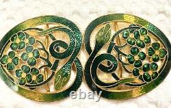 Antique Art Nouveau Gilt Enamel Green Guilloche Snakes /flowers Belt Buckle