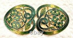 Antique Art Nouveau Gilt Enamel Green Guilloche Snakes /flowers Belt Buckle