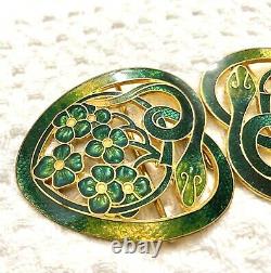 Antique Art Nouveau Gilt Enamel Green Guilloche Snakes /flowers Belt Buckle