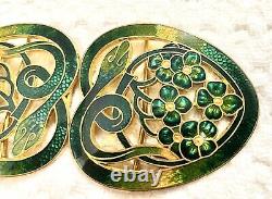 Antique Art Nouveau Gilt Enamel Green Guilloche Snakes /flowers Belt Buckle