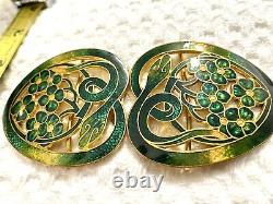 Antique Art Nouveau Gilt Enamel Green Guilloche Snakes /flowers Belt Buckle