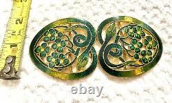 Antique Art Nouveau Gilt Enamel Green Guilloche Snakes /flowers Belt Buckle