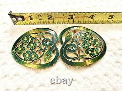 Antique Art Nouveau Gilt Enamel Green Guilloche Snakes /flowers Belt Buckle