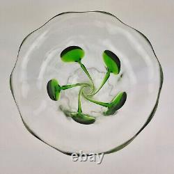 Antique Art Nouveau Glass Bowl Vase Green Tadpole Trails 11cm High