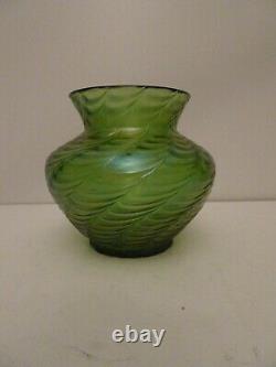 Antique Art Nouveau Glass Iriscedent Vase Kralik Czech Bohemian Deco Green