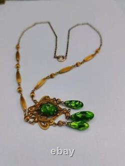 Antique Art Nouveau Gold Filled Green Art Glass Drop Necklace