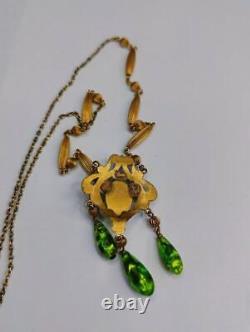 Antique Art Nouveau Gold Filled Green Art Glass Drop Necklace