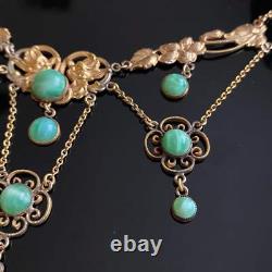 Antique Art Nouveau Gold Filled Green Glass Festoon Necklace