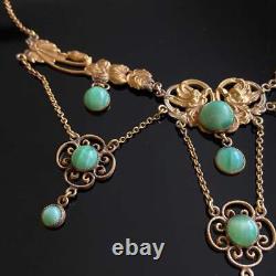 Antique Art Nouveau Gold Filled Green Glass Festoon Necklace