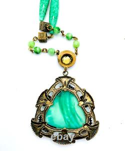 Antique Art Nouveau Green Art Peking Glass Faux Pearl Bohemian NECKLACE