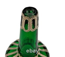 Antique Art Nouveau Green Glass Scent Bottle with Sterling Silver Overlay (SEPY)