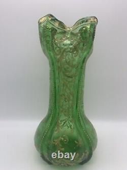 Antique Art Nouveau Green Glass Vase Bohemian Gold Gilt Beaded Design