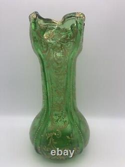 Antique Art Nouveau Green Glass Vase Bohemian Gold Gilt Beaded Design