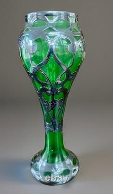 Antique Art Nouveau Green Glass Vase Silver Overlay Bohemian c1900