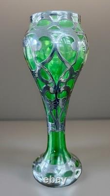 Antique Art Nouveau Green Glass Vase Silver Overlay Bohemian c1900