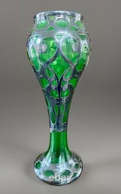Antique Art Nouveau Green Glass Vase Silver Overlay Bohemian c1900