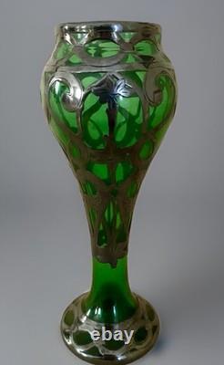 Antique Art Nouveau Green Glass Vase Silver Overlay Bohemian c1900
