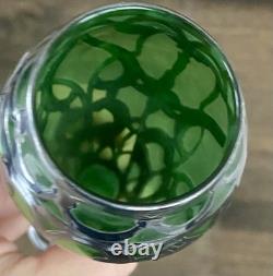 Antique Art Nouveau Green Glass Vase Silver Overlay Bohemian c1900