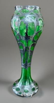 Antique Art Nouveau Green Glass Vase Silver Overlay Bohemian c1900