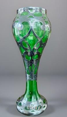 Antique Art Nouveau Green Glass Vase Silver Overlay Bohemian c1900