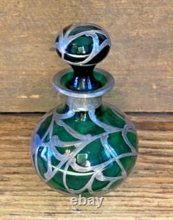 Antique Art Nouveau Green Glass and Sterling Silver Overlay Perfume Bottle 5.5