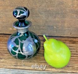 Antique Art Nouveau Green Glass and Sterling Silver Overlay Perfume Bottle 5.5