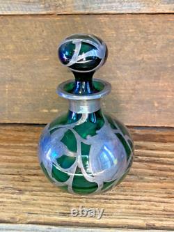 Antique Art Nouveau Green Glass and Sterling Silver Overlay Perfume Bottle 5.5