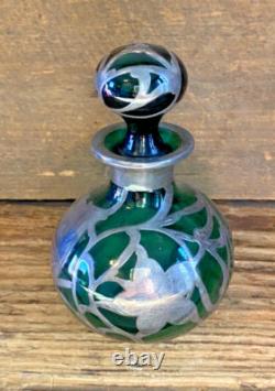 Antique Art Nouveau Green Glass and Sterling Silver Overlay Perfume Bottle 5.5