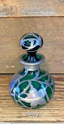 Antique Art Nouveau Green Glass and Sterling Silver Overlay Perfume Bottle 5.5
