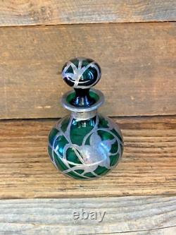 Antique Art Nouveau Green Glass and Sterling Silver Overlay Perfume Bottle 5.5