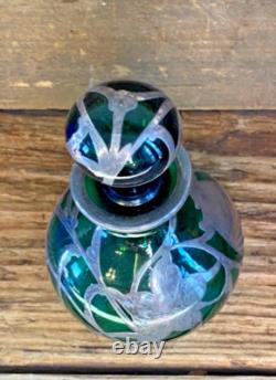 Antique Art Nouveau Green Glass and Sterling Silver Overlay Perfume Bottle 5.5