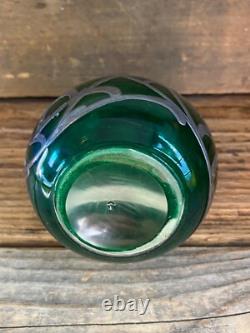 Antique Art Nouveau Green Glass and Sterling Silver Overlay Perfume Bottle 5.5